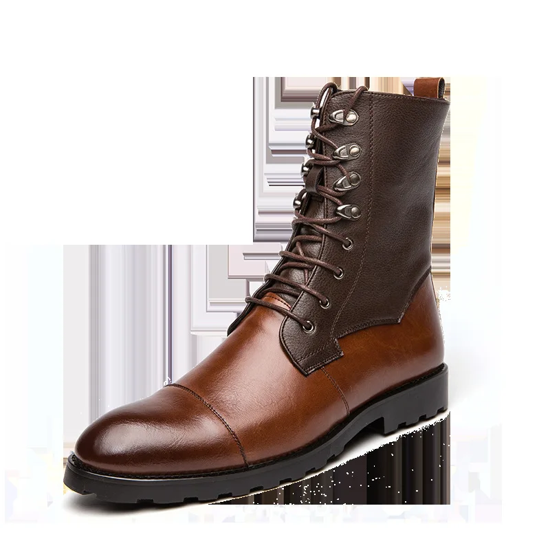 Mens Chelsea Boots Casual Pointed Toe Man Shoe Vintage Leather Footwear Men High Top Boots Lace-up Motorcycle Shoes