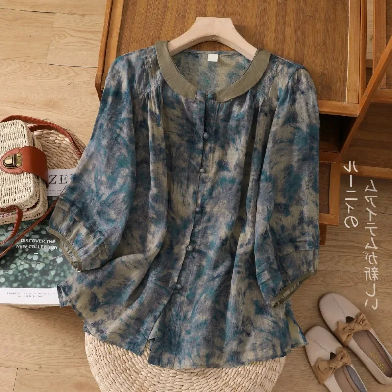 Women's Chinese Style Summer Shirt, Cotton Linen Vintage Blouses, Prints Clothing, Loose Short Sleeve Tops