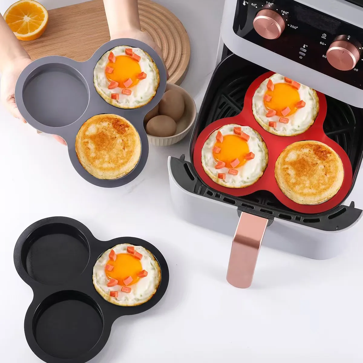 Reusable Silicone Egg Mold Air Fryer Egg Pan Reusable 3-Cavity Muffin Cake Baking Mould Kitchen Cooking Accessories Reusable Silicone Egg Mold Air Fryer Egg Pan Reusable 3-Cavity Muffin Cake Baking Mould Kitchen Cooking Accessories
