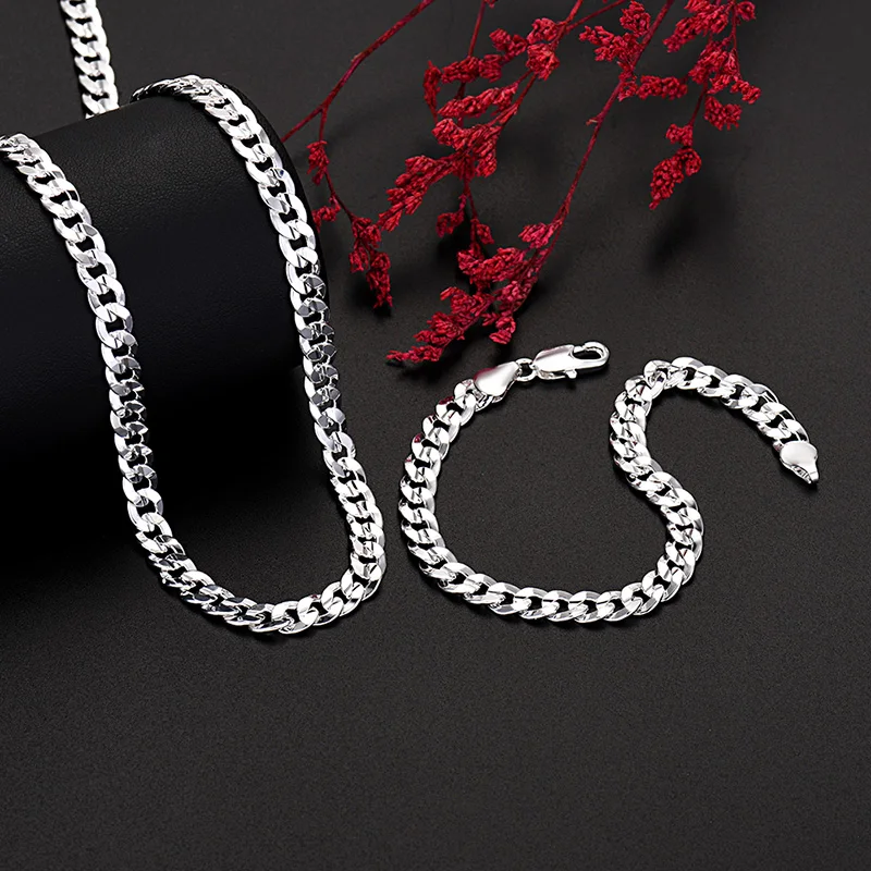 Fine 925 Sterling silver Creative 7MM Chain bracelets neckalces jewelry set for man women fashion Party wedding accessories gift
