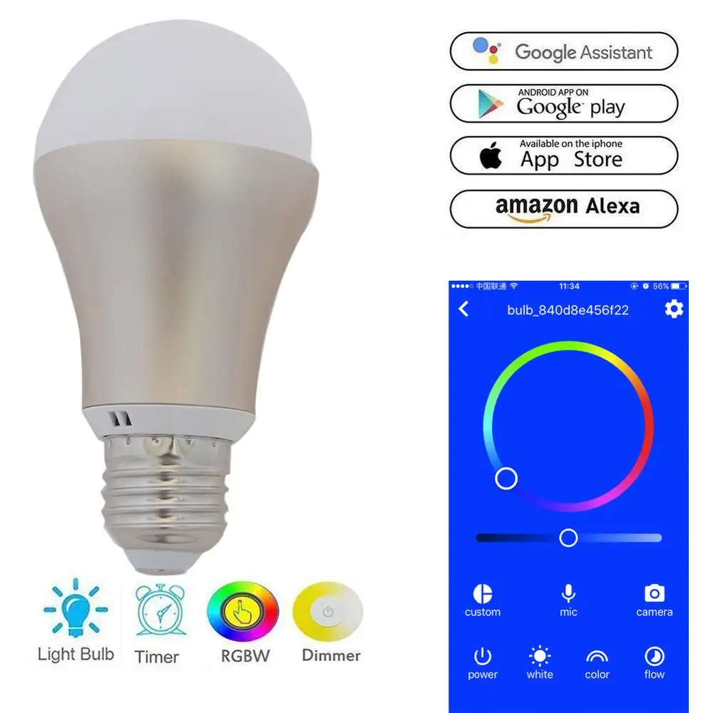 

Беспроводная смарт-лампа RCmall с поддержкой Wi-Fi, RGBW, E27, 2,4 ГГц