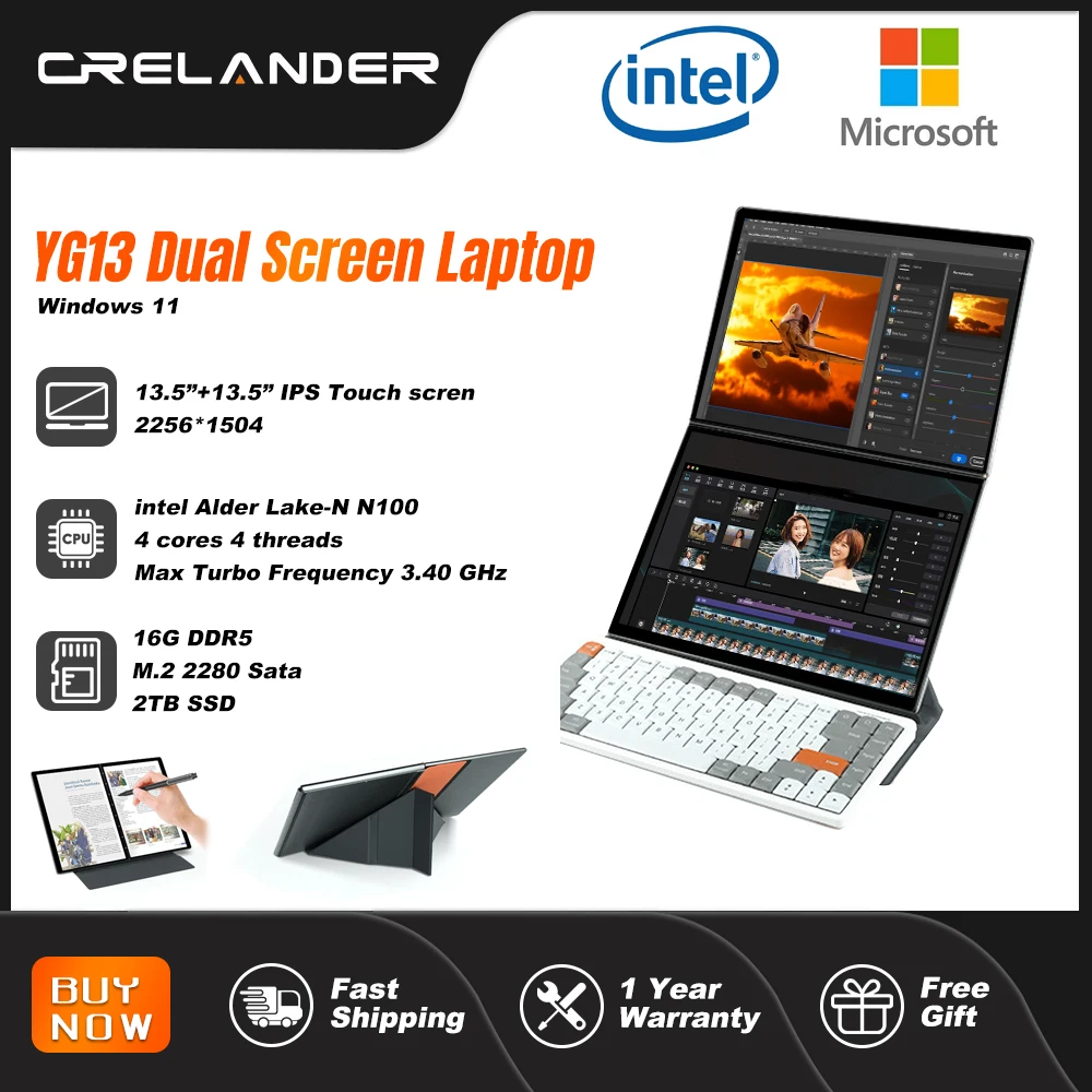 Crelander Yoga Laptop 13.5 "+ 13.5" Touch Screen Intel N100 Cpu 3.4Ghz Ddr5 16Gb Windows 11 Notebook Tablet Pc Dual Screen Laptop