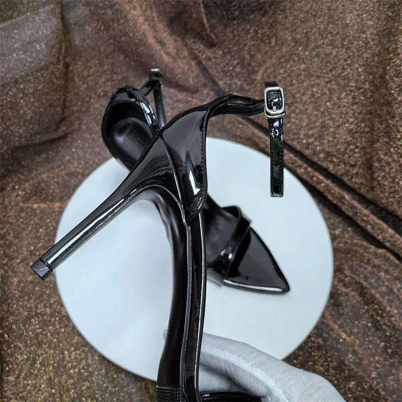Women Naked pointed thin heel summer patent leather one-piece buckle sandals exposed toes women sandals