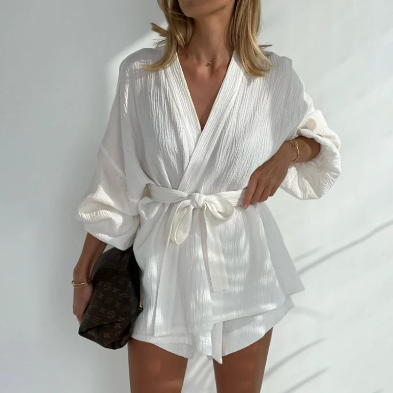 

2pcs Bathrobe Cotton Women's Sexy Long Kimono Night Dress Short Pants Solid Pijamas Loungewear Robes Sets for Women Sleepwear