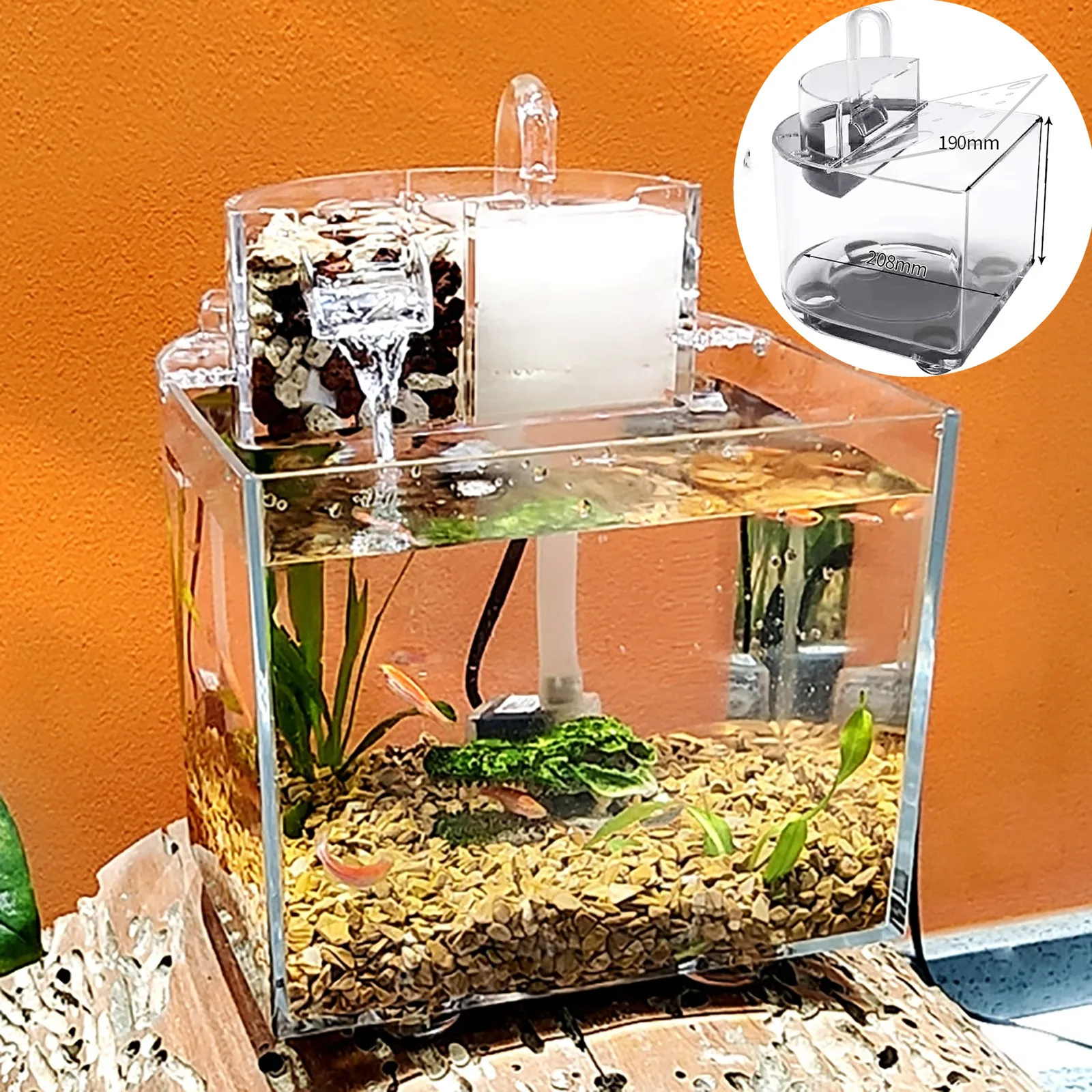 

Mini Desktop Fish Tank Set Ecological Aquarium Transparent Fish Tank with Cover Water Filter 2.5W Submersible Pump Home Decor