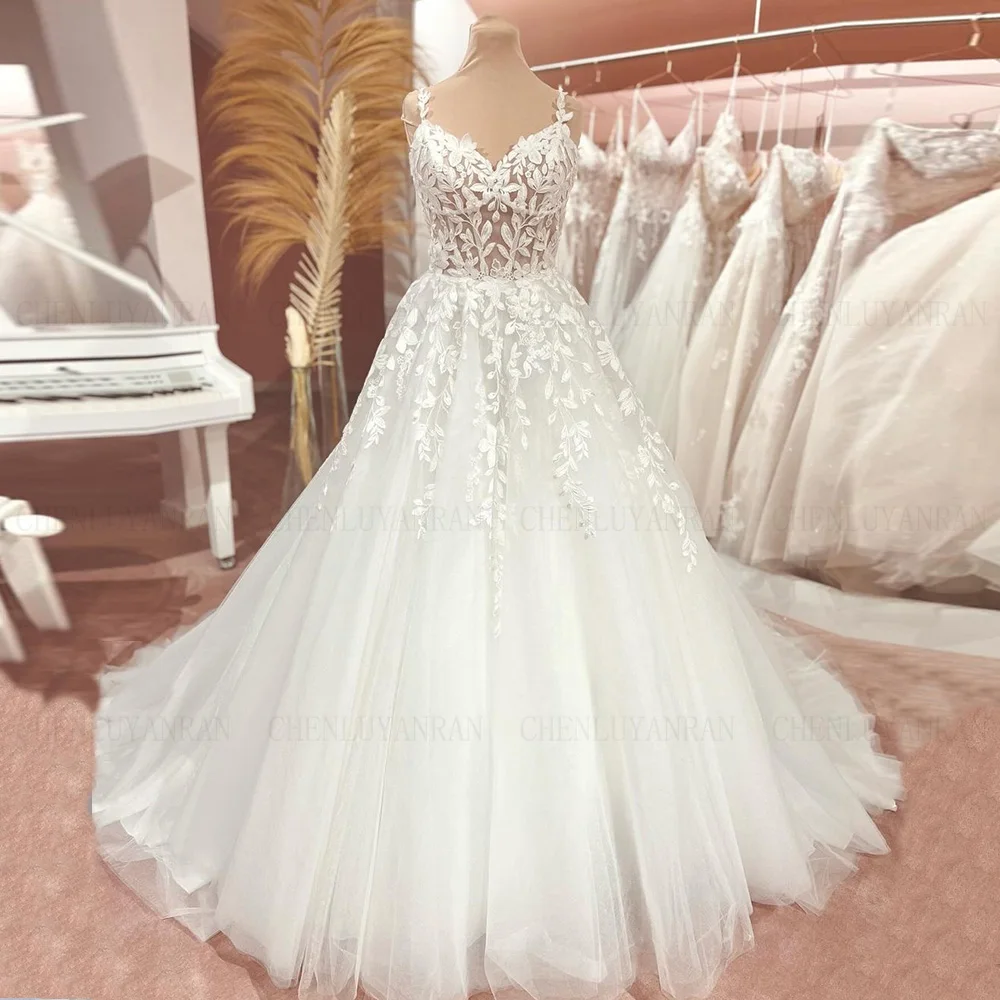 

Ivory Applique Wedding Dresses Spaghetti Strap Long Bride Dress A-line Tulle Illusion Sexy Dress For Women 2024 Robe De Mariée