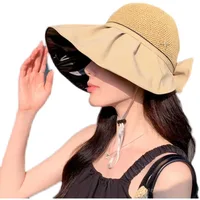 New Women Bucket Hat Summer UV Protection Sun Hats Solid Color Soft Foldable Wide Brim Outdoor Beach Panama Cap Ponytail Caps 5