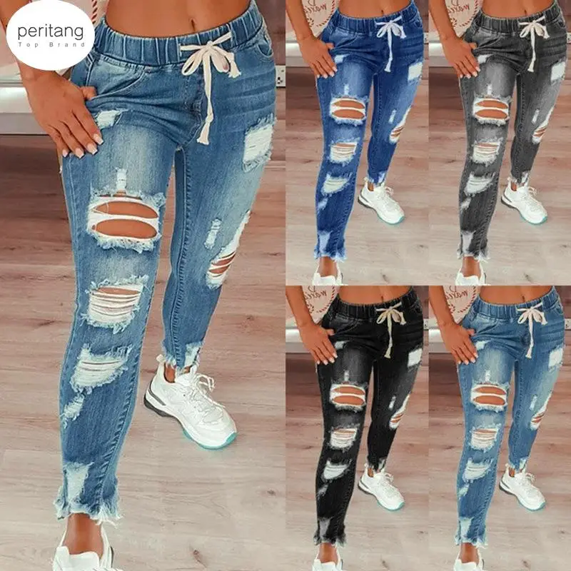 

Jeans Women 2023 Drawstring High Waist Stretch Ripped Hole Fashion Denim Full Length Pencil Pants Skinny Trousers