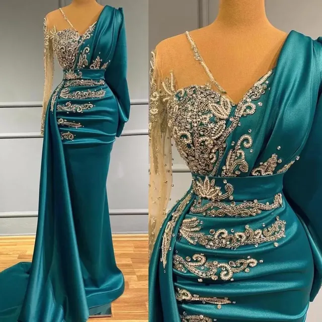 Long Sleeve Evening Dresses Formal Occasion Wear Gold Appliques Beads Hunter Sheer Neck Arabic Robe de soriee 2