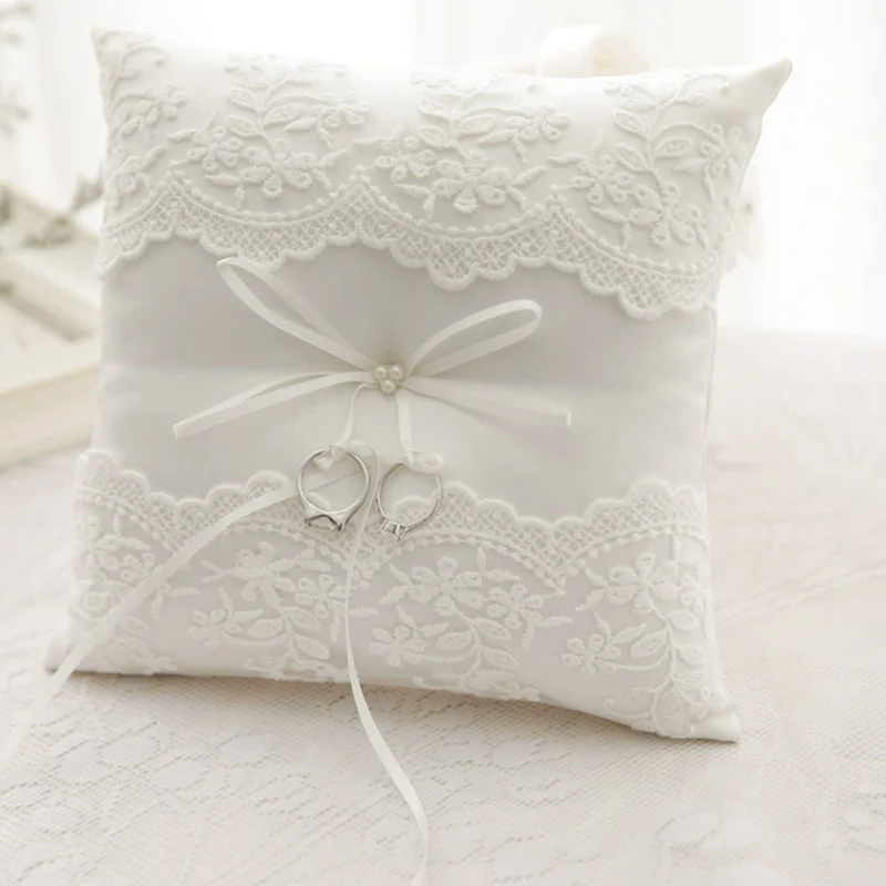 20x20cm White Lace Wedding Ring Pillow Bridal Bearer Pillow Cushions Wedding Marriage Ceremony Decoration Supplies 5