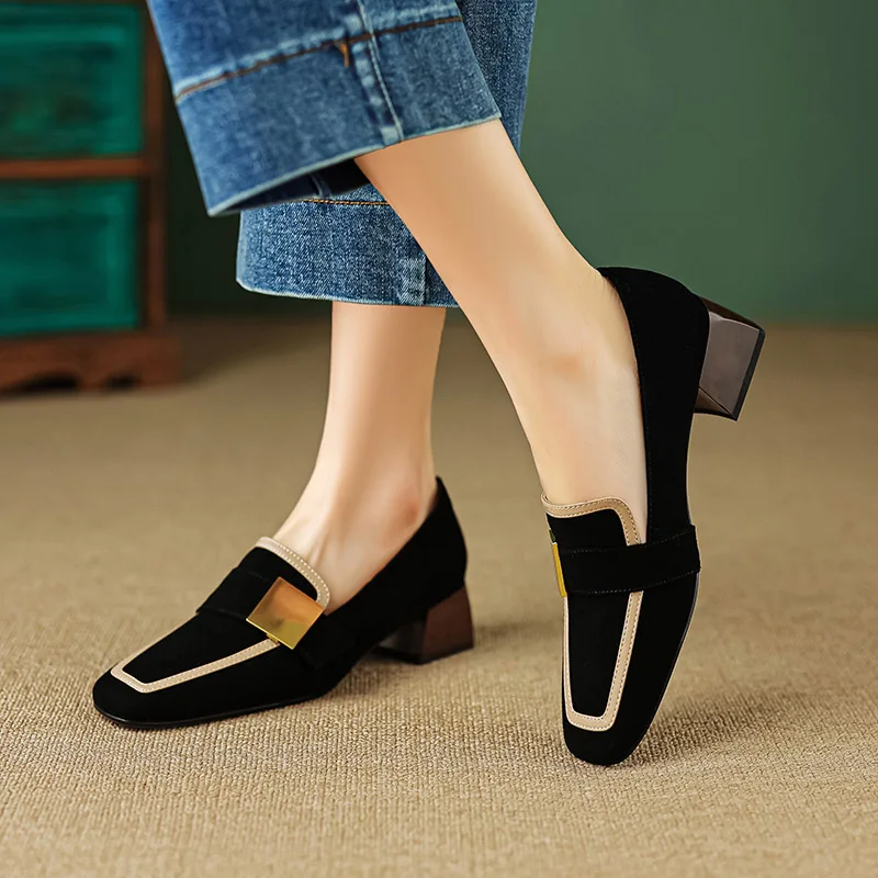 

Phoentin Vintage Square Toe kid suede Loafers for woman 2023 Med Heels Pumps ladies Slip on office soft Shoes brown FT2242