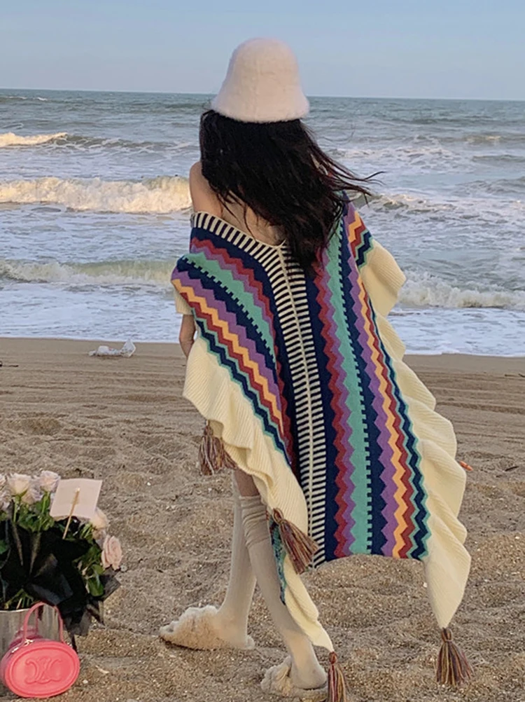 feminino primavera outono malha capas étnicas borlas manto poncho outwear