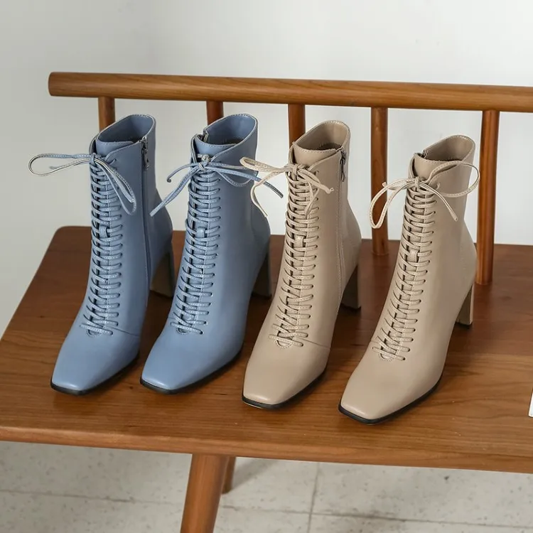 Women Cross Tied Side Zipper Short Boots Autumn/Winter Square Heel