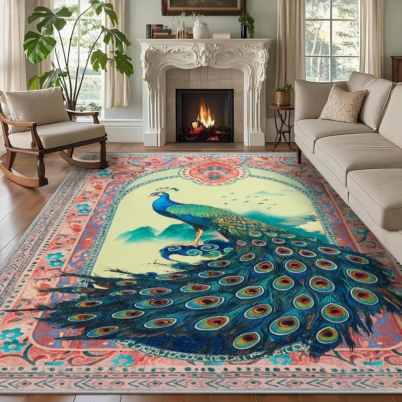 Retro Living Room Carpet Green Large Area Peacock Print Bedroom Rug Nordic Style High-end Home Decoration Coffee Table Mat Tapis
