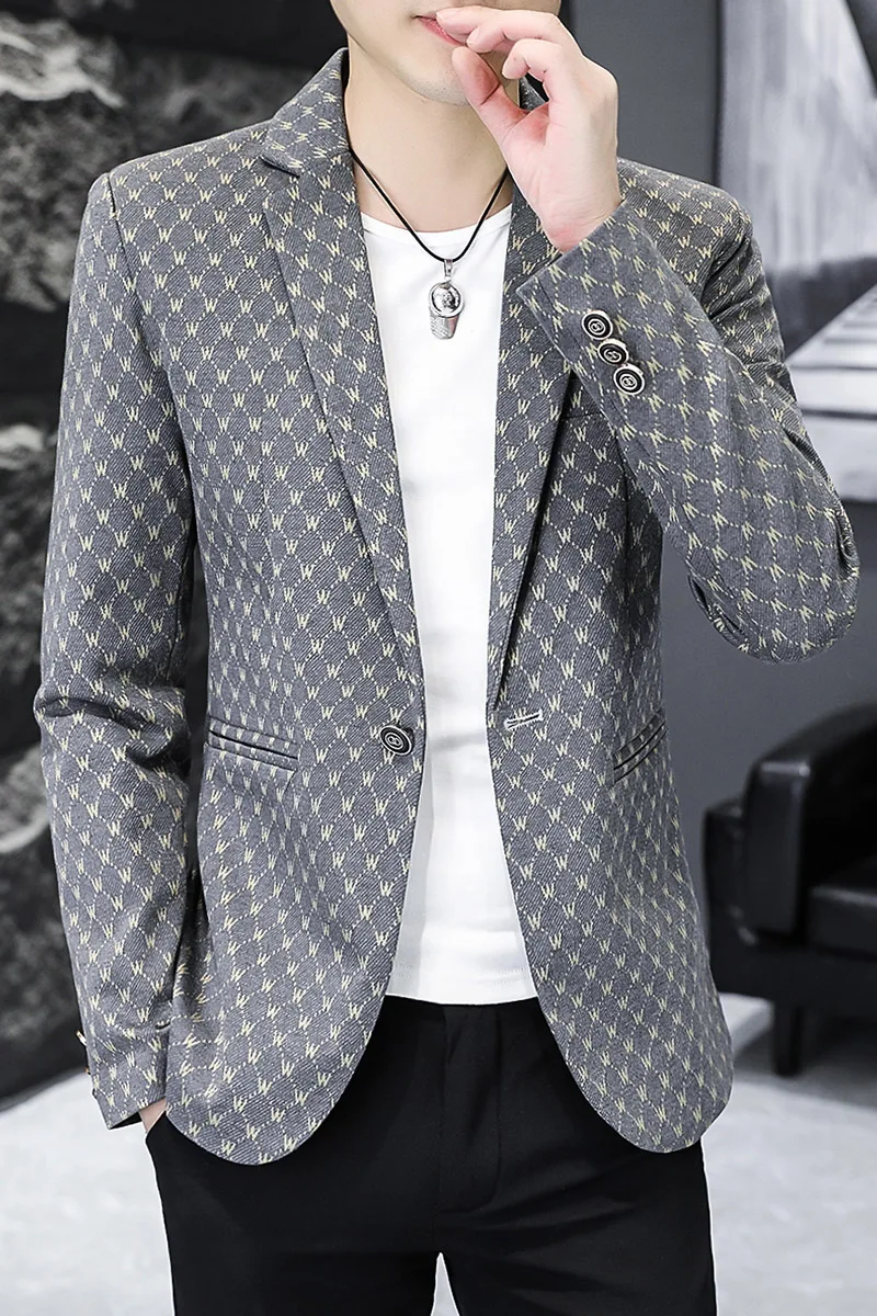 Korean Letter Print Men Blazers Brand Spring Casual Business Suit Jackets Slim Fit Street Wear Social Jacket Men Clothing