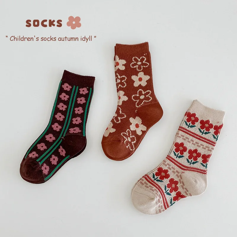 Girls Socks Kids 3-12T Baby Warm Cotton Socks Calf Length Spring Autumn Vintage Pattern Flowers Socks For Children