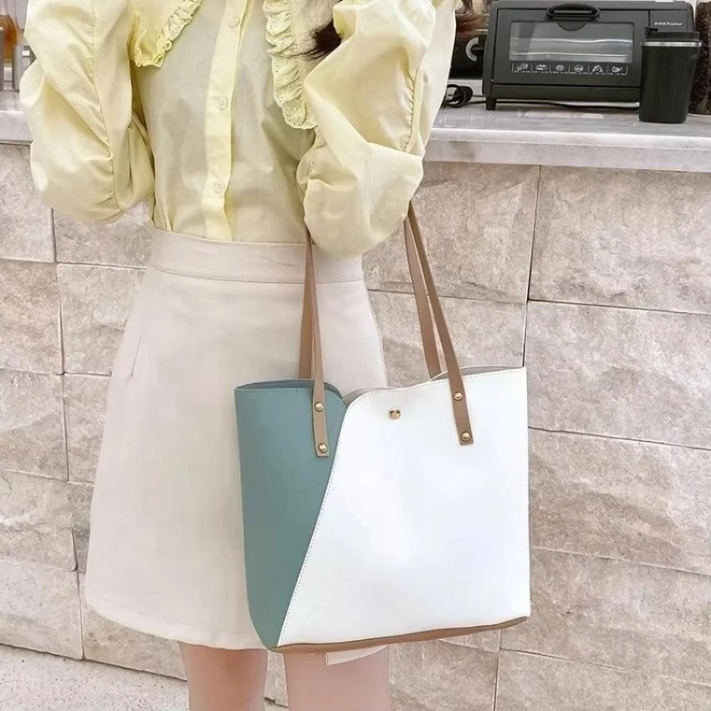 Large Capacity Patchwork Bag Hot Stamped Contrast Color Shoulder Bags Women Pu Leather Ladies Purses and Shopping Bag Casual