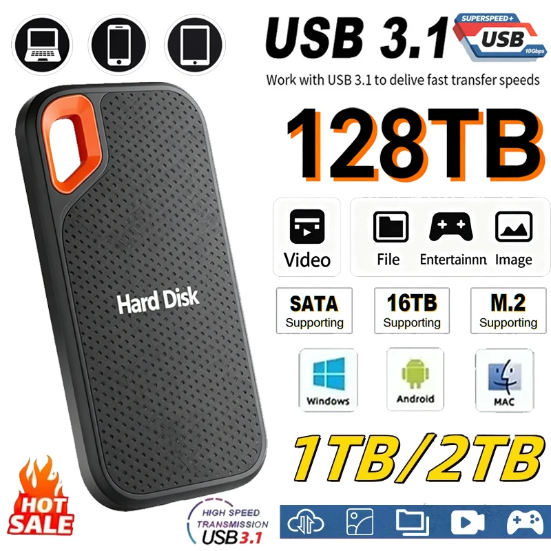 ฮาร์ดไดรฟ์ความเร็วสูง 1TB ฮาร์ดดิสก์ภายนอก 2TB ฮาร์ดไดรฟ์แท้ 128TB USB3.1 แบบเสียบใช้งานได้ทันที SSD สำหรับพีซี/แล็ปท็อป/แมค/โทรศัพท์ 1