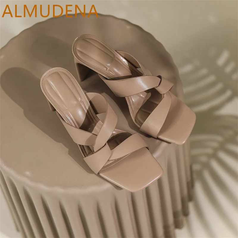 

Summer Women Cross Band Slippers Square Toe Square Heel Super High Heel Modern Slippers Leisure Outside Pleated Solid Slippers