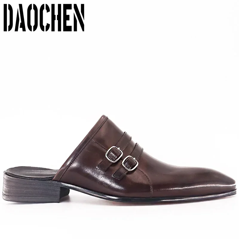 Luxury Brand Men's Mules Half Shoes Black Brown Double Strap Buckle Causal Mens Dress Shoes Breathable Leather Shoes Men