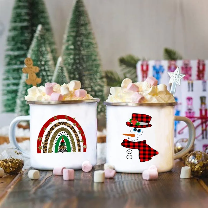 

Rainbow Snowman Print Enamel Mugs Christmas Party Wine Beer Milk Juice Cup Drinkware Hot Cocoa Coffee Cups Cake Mug Xmas Gifts