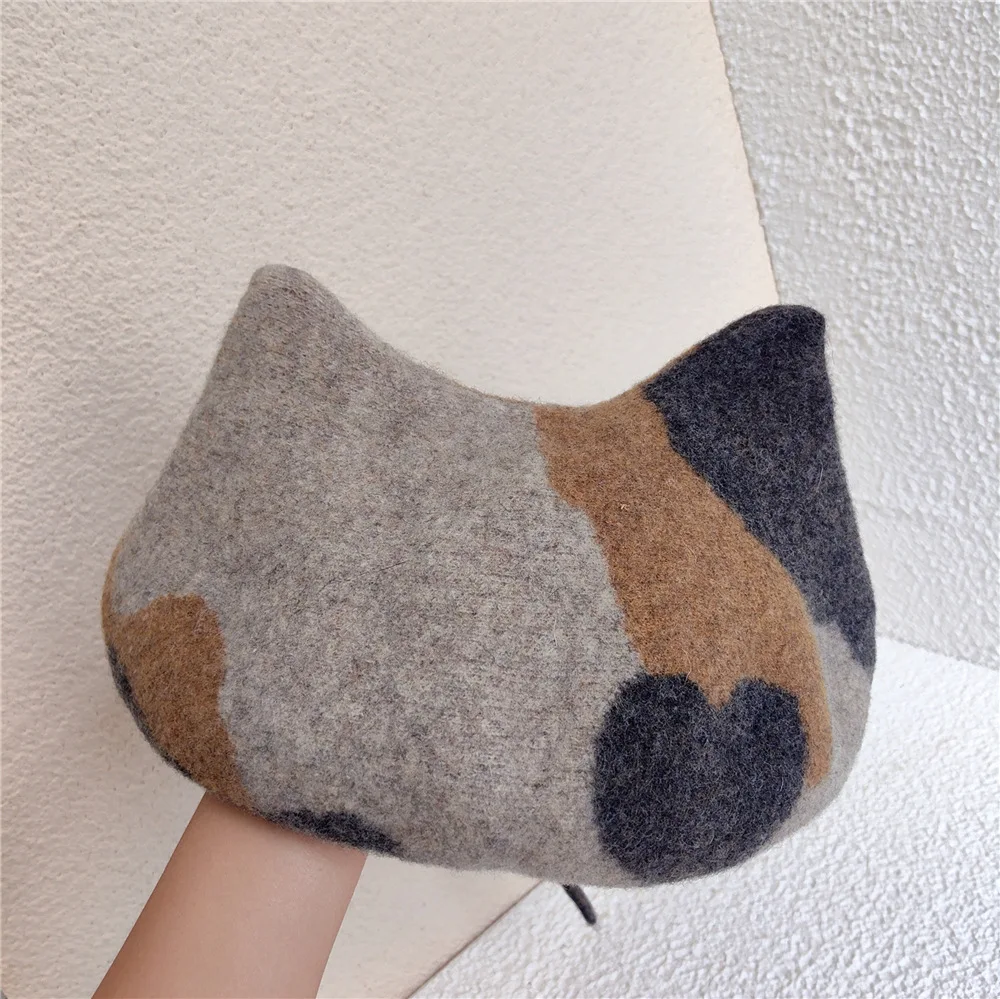 Hot Sale New Fashion Cute Girls Kawaii Cat Ear Sweet Lolita Headwear Purple Beanies Hat Handmade Wool Felt Women Beret Wholesale_voghion.com