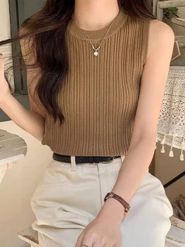 AOSSVIAO-توبات نسائية خضراء محبوكة ، توبات غير رسمية أساسية ، تيشيرتات بدون أكمام برقبة دائرية ، نحيف ، 3