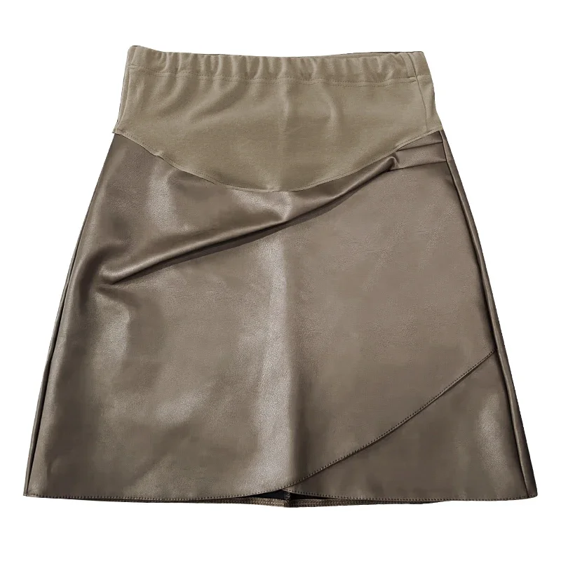 Spring Autumn Pretty Maternity Belly Skirts Irregular Pregnant Woman Pu Leather Skirts Sexy Pregnancy Mini Black Brown