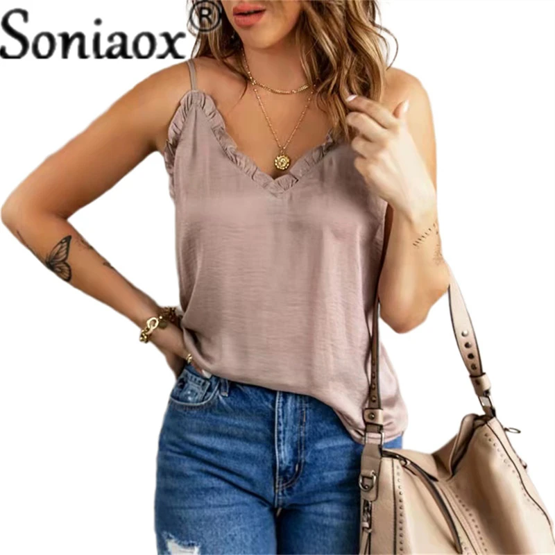 2022 New Summer Temperament Sexy Tank Top V-Neck Ruffles Patchwork Backless Pullover Solid Chiffon Camisole Top Women's Clothing silk camisole