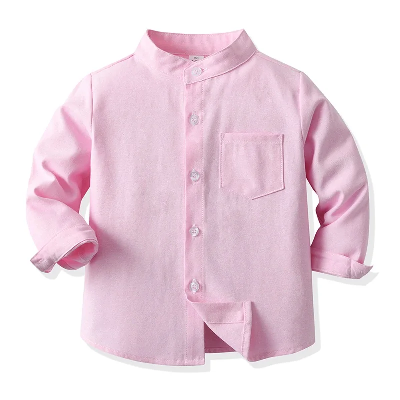 Kid Boy Girl Shirt Solid Color Button Down Mandarin Collar Long Sleeves Tops with Pocket