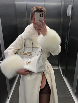 Cappotto lungo da donna in pelliccia soffice Elegante con lacci a maniche lunghe con scollo a V Giacche femminili 2025 Capispalla da donna allentati divisi moda invernale 1