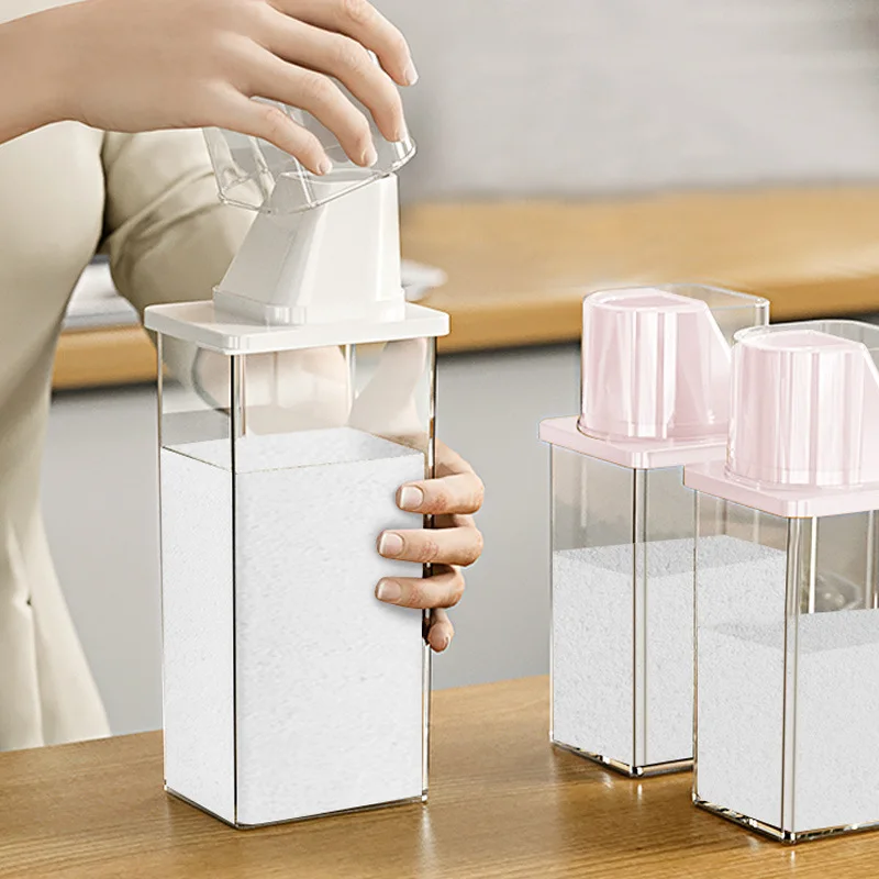 세탁 세제 보관함, 밀폐형 눈금 측정 컵 보관 탱크, 가정용 소독 세탁 세제 보관함