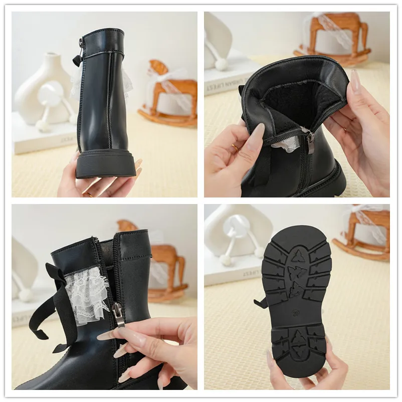 Leather Boots for Girls Winter Kids Fleece Non Slip