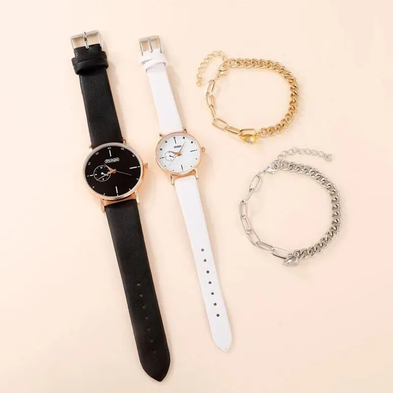 Fashion Couple Quartz Watches 4pcs Lovers Set Watches for Men Women Leather Bracelet Wristwatch