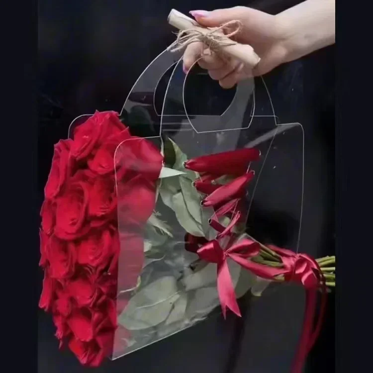 Rose Flower Plastic Sleeve Transparent Flower Packaging Carrier Bags Waterproof Tote Bag Mother's Day Gift Box