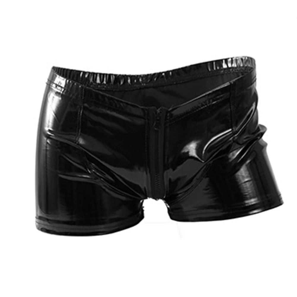 

Sexy Men PU Leather Boxers Zip Up Panties Low Rise Bodycon Shorts Underpants Hip Lift Hot Underwear Bulge Pouch Panties