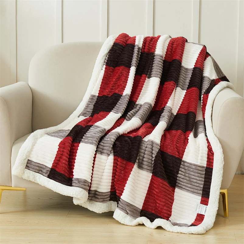 

Classic Vintage Plaid Flannel Blanket Thickened Double-Layer Warm Lunch Blanket Simple Casual Sofa Blanket