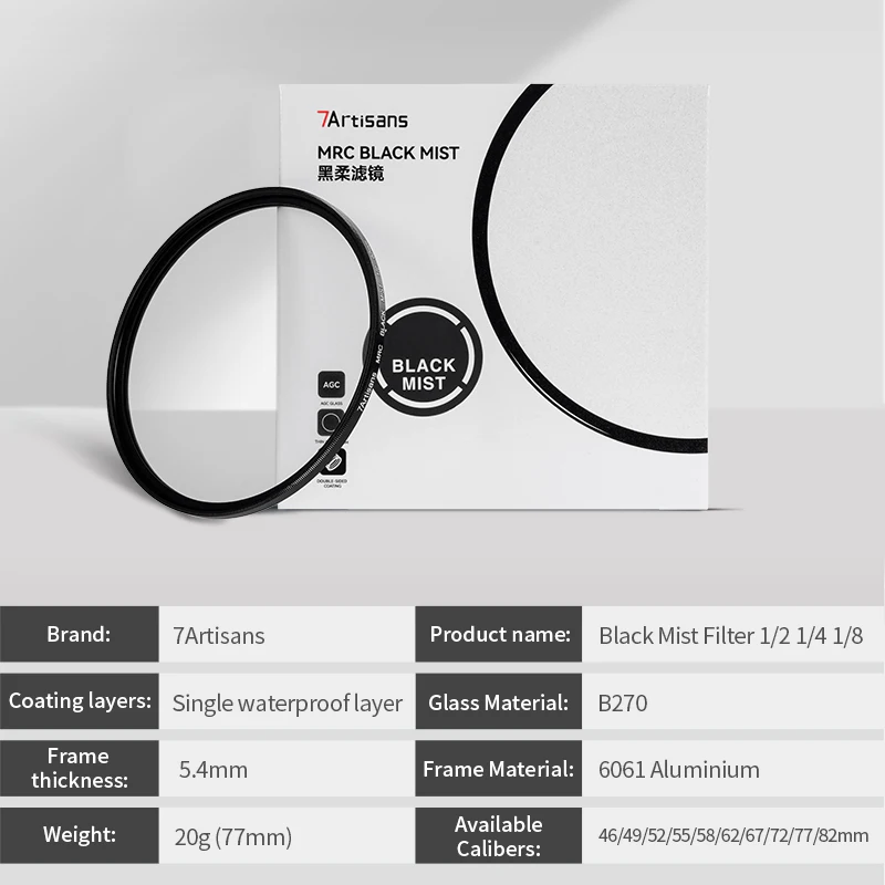 7artisans Black Mist Diffusion 1/2 1/4 1/8 Lens Filter 46mm-82mm Mist Dreamy Cinematic Effect for Vlog/Portrait Photography 6