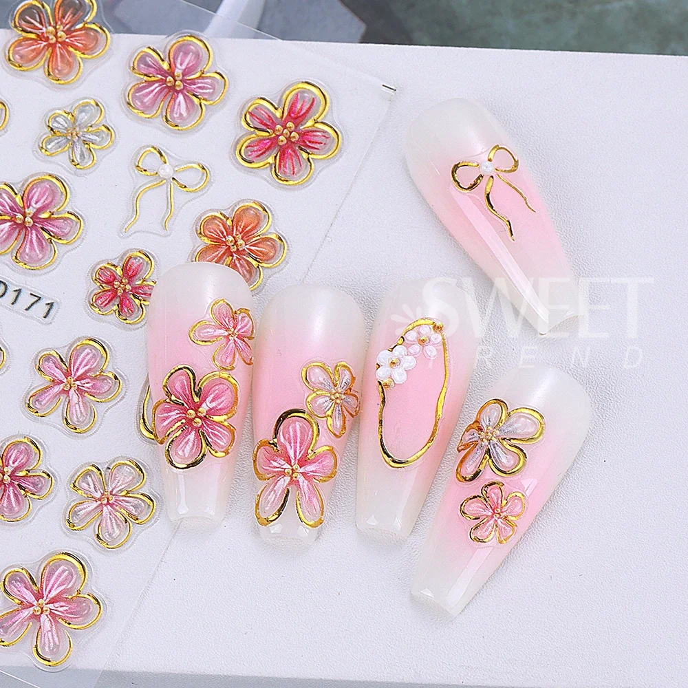 1/2pcs 5D Embossed Heart Flowers Line Nail Stickers Decal French Ribbon Bow Flame Adhesive Nail Art Slider Manicure Decorations