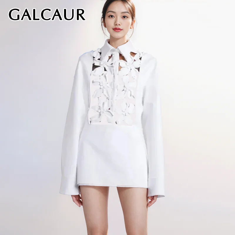 

GALCAUR Solid Hollow Out Dresses For Women Lapel Long Sleeve High Waist Single Breasted Patchwork Appliques Loose Dress Female