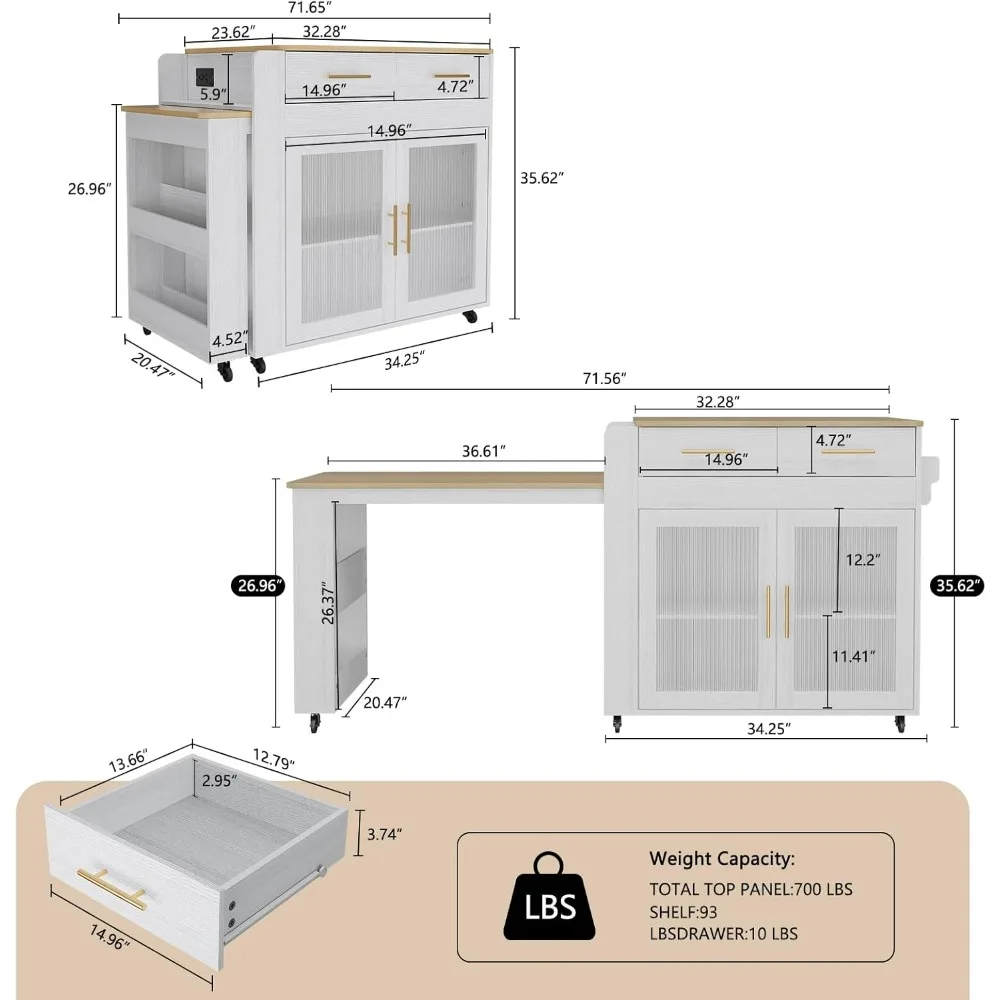 Kitchen Island with Extendable Dining Table,Grain Top Kitchen Island with Power Outlet, Rolling Kitchen Island Cart on Wheels 2