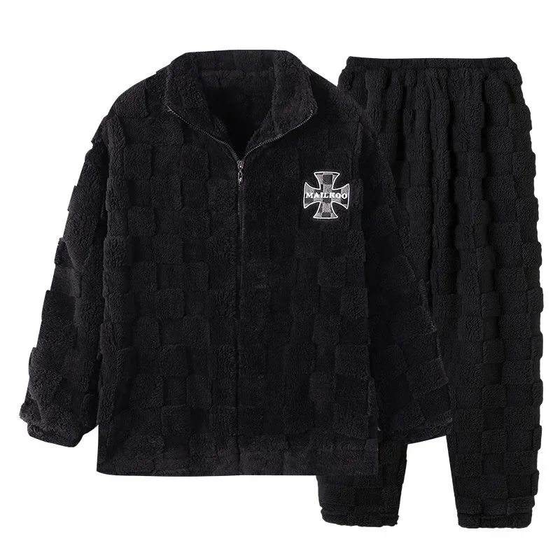 2024 New Pajamas Men's Coral Velvet Autumn Winter Loungewear Plush Thick Warm Sleepwear Youth Zipper Stand Collar Homewear