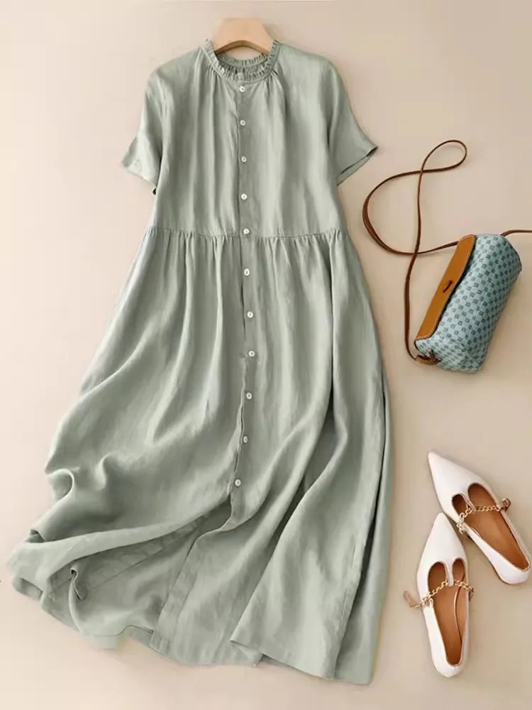 

Solid Cotton Ruffled Collar Single-breasted Shirt Dress 2024 New Summer Casual Age-reduced Midi Cardigan Dresses for Women