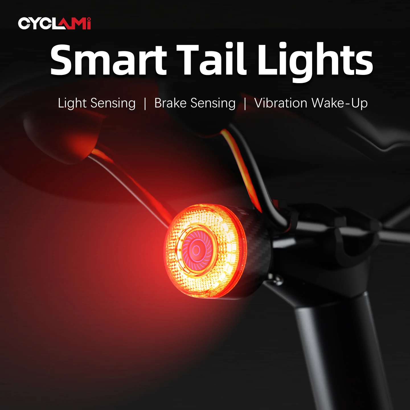 CYCLAMI Smart Brake Bicycle Tail Light Auto Start/Stop Brake Sensing Bike Rear Light Sensing Vibration Wake-Up Carbon Taillight