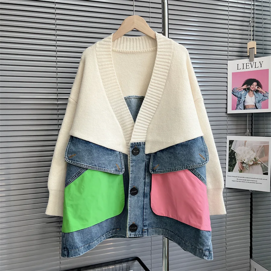 

Cowboy Stitching Sweater Cardigan Womens New Autumn Loose Knit Coat Tide In 2023 Streetwear Pocket Coat Y2k Women Jacket Coat