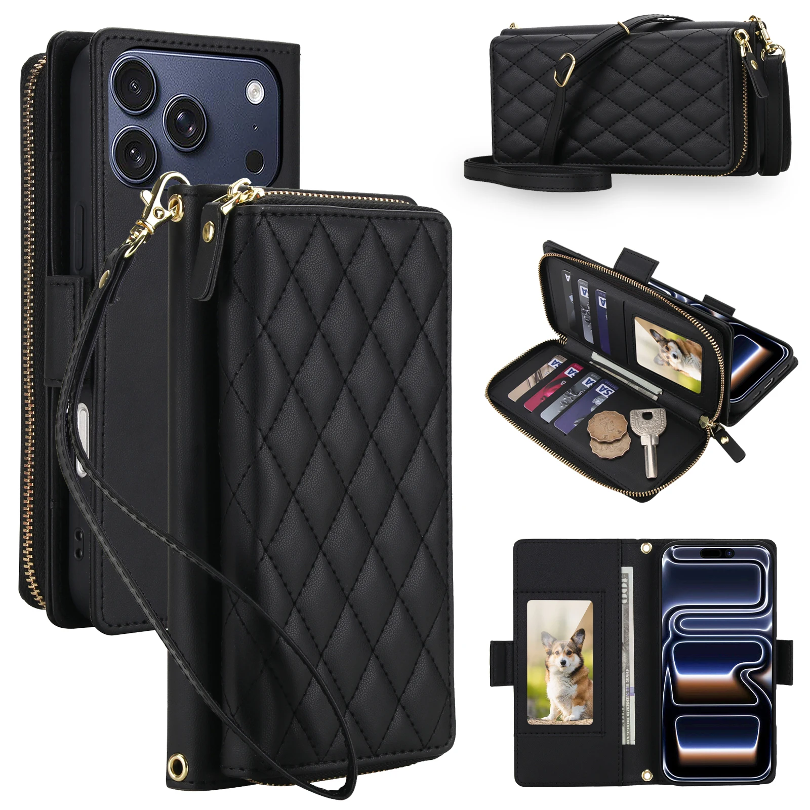 Sleek Zipper Wallet Crossbody Case with Detachable Wrist Strap