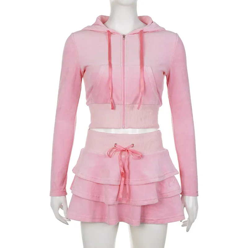 

Fresh and Girly Pink Cake Skirt Hooded Zipper Sweatshirt Outerwear Set - 2023 Autumn New Arrival Fashion Suit for Women