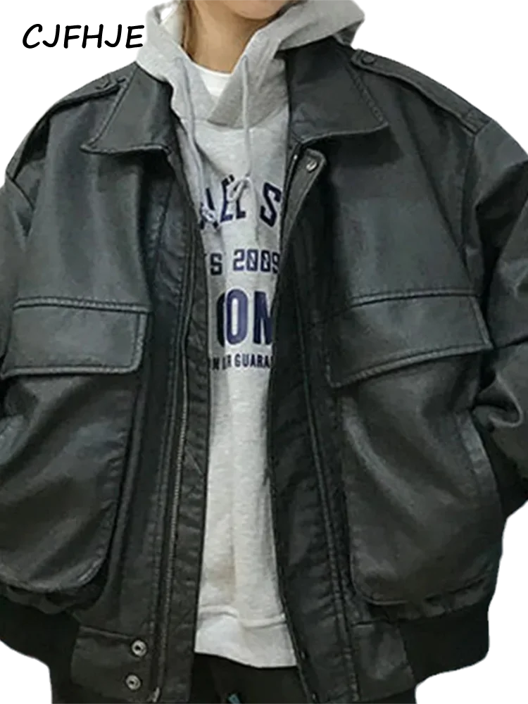 CJFHJE Streetwear Oversize Black Leather Jacket Women Fashion Pu Zipper Biker Jacket Female Loose Warm Pocket Faux Leather Coat