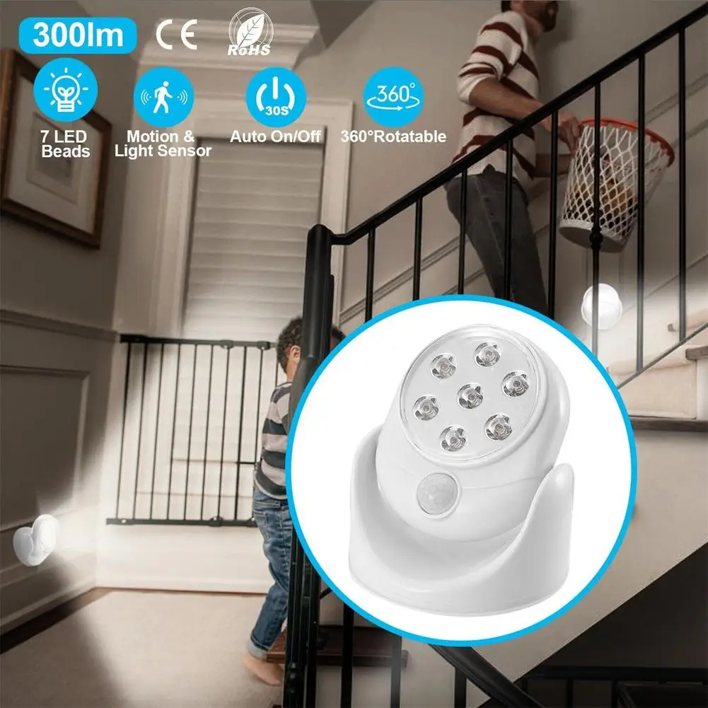 Led Motion Sensor Night Light 360 Degree Rotating Wall Lamp For Outdoor Indoor Cordless Stairs wall light