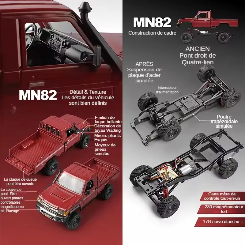 Châssis détaillé du WPL MN82 1/12 4WD Crawler RC Tout-Terrain 2.4GHz - 2 Batteries montrant la suspension